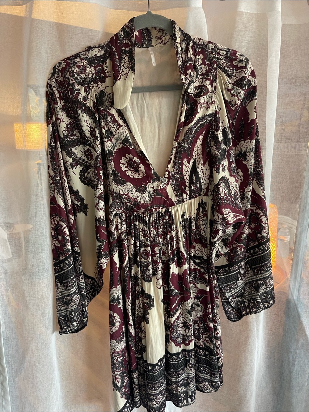 Paisley V-Neck Long Sleeve Tunic in Burgundy and Cream Free People